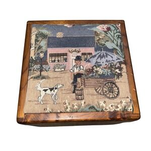 Wooden Vintage Box Hinged Lid Tapestry Man Dog Pictorial Fabric Top Recipe
